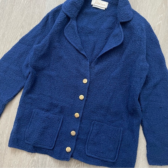 Vintage Jantzen 1960s Blue Gold Buttons Sweater Cardigan Medium 60s Made In USA - Picture 2 of 4